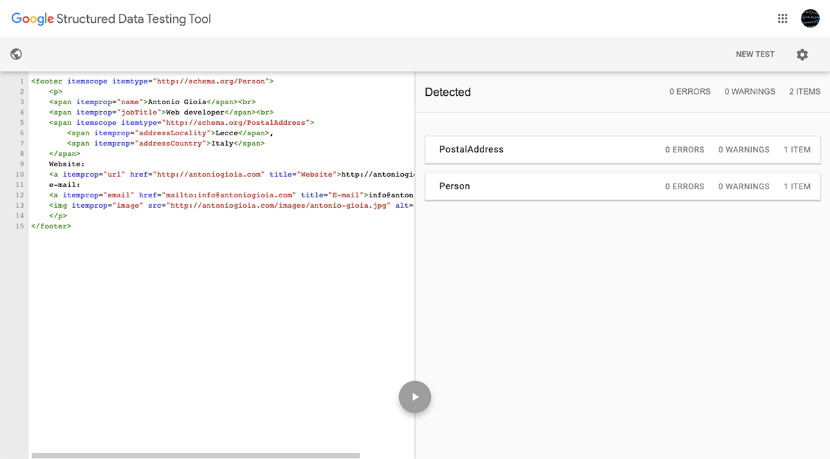 Image of Google structured data testing tool results